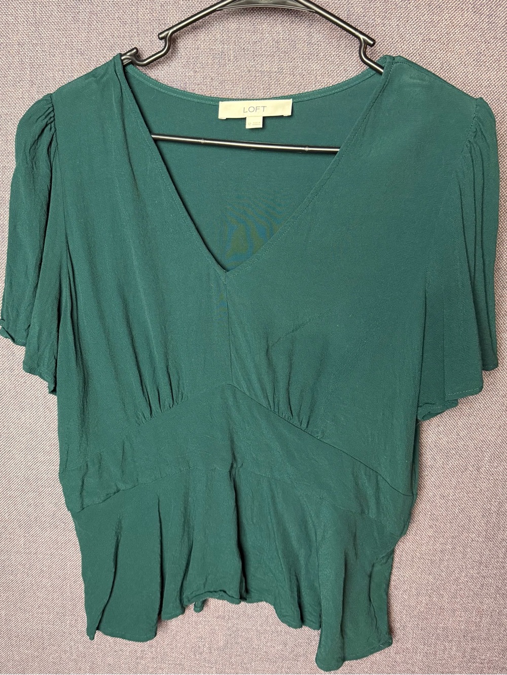 LOFT Forest Green V-Neck Flutter Sleeve Blouse, perfect for fall!